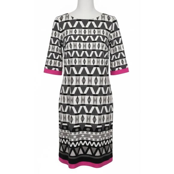 Eliza J Dress Petite 4 Gray Black White Geometric Print Pink Trim Mod Style FLAW - Picture 1 of 9